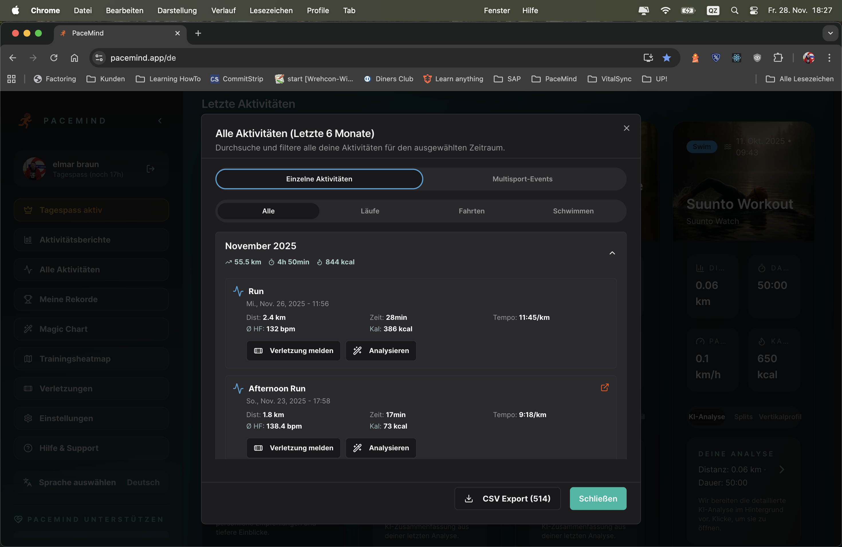 Trainingsübersicht gruppiert nach Sportart - Laufen, Radfahren, Schwimmen